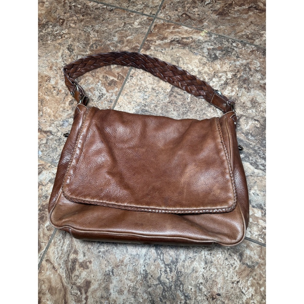 Donald J Pliner Brown Pebbled Leather Braided Strap Flap Shoulder Bag